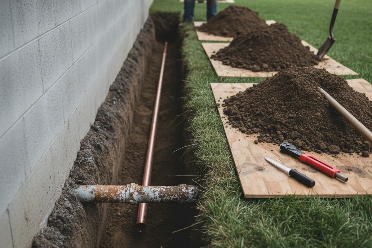 Excavated water line trench during Water Heater Repair in Conifer
